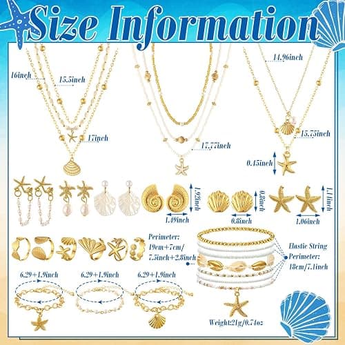 Tondiamo 23 Pcs Seashell Starfish Jewelry Set Boho Summer Beach Mermaid Accessories Layered Charm Necklace Earrings Studs Bracelets Rings for Women Holiday Vacation Wedding Party Gift thumbnail 5