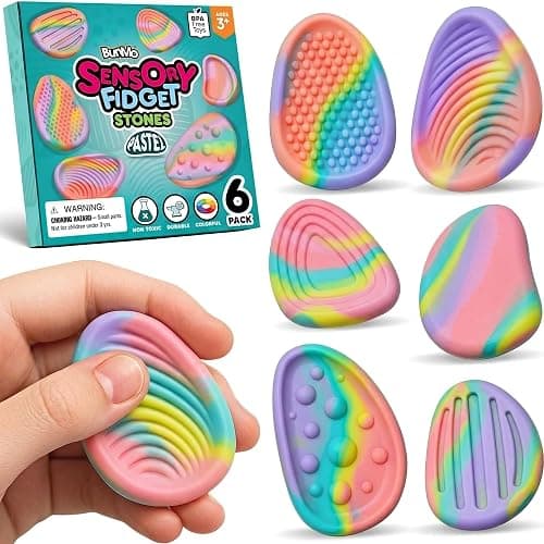 BUNMO Fidget Toys - Fidget Stones Sensory Toys – 6pk Pastel | Silicone Worry Stones for Kids Ages 3+ | Portable, Textured, Quiet Sensory Stones for Hands-On Play - Image 1