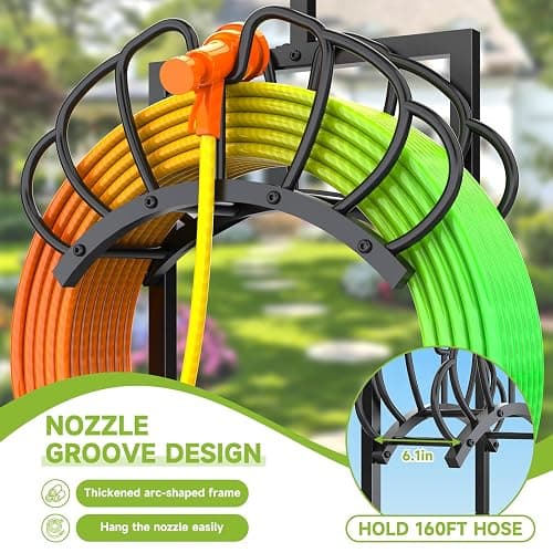 New Upgraded 3-in-1 Garden Hose Holder with Solar Light & Shepherds Hooks | Stores 160" Hose, Freestanding with Double Hooks for Hanging Decor - Perfect for Outdoor Yard, Lawn & Patio at Night thumbnail 4
