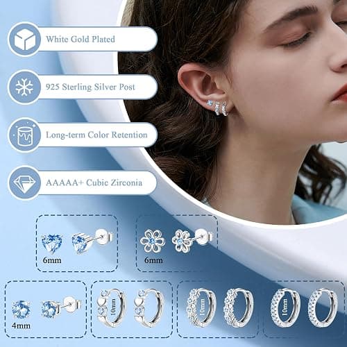 YADOCA 𝟵𝟮𝟱 𝗦𝘁𝗲𝗿𝗹𝗶𝗻𝗴 𝗦𝗶𝗹𝘃𝗲𝗿 Earrings for Girls Women - Hypoallergenic Cute Kids Toddler Earrings - Cubic Zirconia Earrings Studs Hoop Set for Sensitive Ears thumbnail 3
