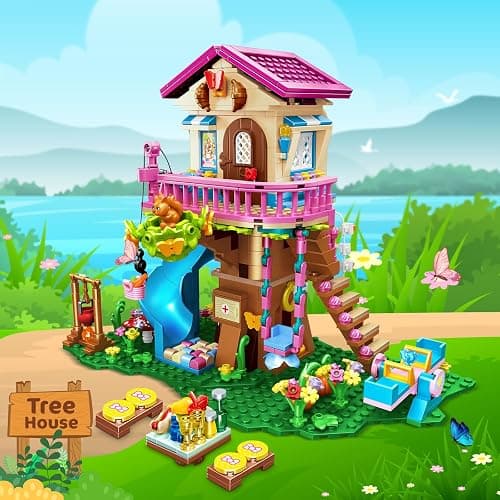 CUBIMANA Treehouse Building Toys with LED Light - 618 Piece Tree House Building Set, 3-Storey Up House with Slide & Stickers, Ages 6-12 thumbnail 2