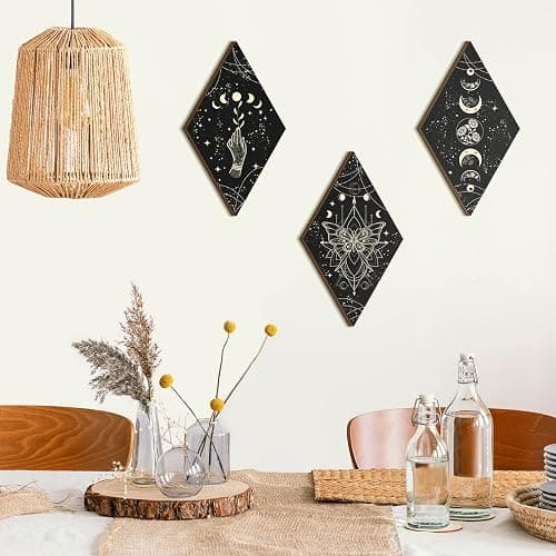 Ferraycle 3 Pcs Rustic Boho Wall Decor Moon Phases Butterfly Wall Art Stars Moon Decor Minimalist Room Decoration Wooden Gothic Witchy Pediments Hanging Sign for Home(6.7 x 11.8 Inch,Black, Gold) thumbnail 2