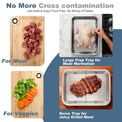 YJHOLE Grilling Prep and Serve Trays,Stainless Steel Large Capacity Food Prep Trays with Lid, Cutting Board Cooling Rack Food Tongs and Cleaning Brush,BBQ Accessories Gift thumbnail 4