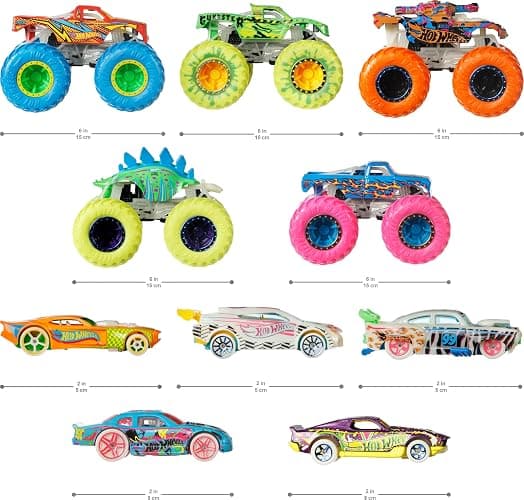 Hot Wheels Toy Monster Trucks 10-Pack of Glow-in-the-Dark 1:64 Scale Vehicles, GITD Set of 5 Trucks & 5 Cars, Play Vehicles for Kids & Collectors thumbnail 3