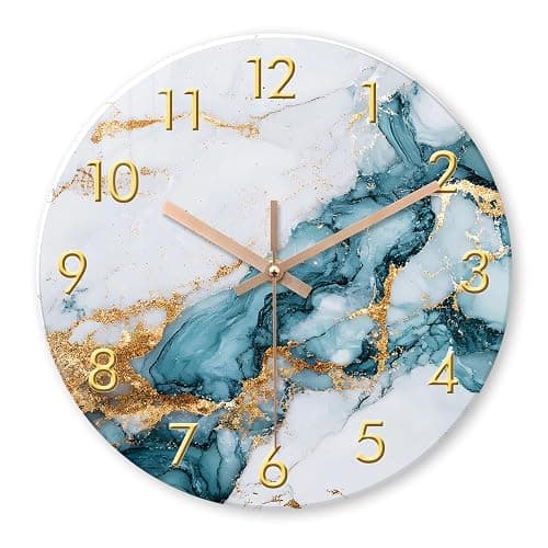 RONGKEJIAJU Blue Gold Marble Wall Clock 12 Inch Modern Glass Silent | Battery Operated Non Ticking Round Analog Abstract Fluid Art Decorative for Living Room Kitchen Home Office Bedroom - Image 1