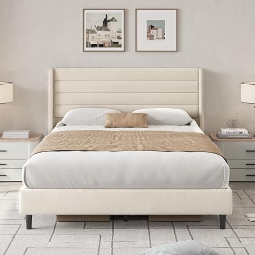 Queen Bed Frame with Upholstered Headboard, Velvet Platform Bedframe Mattress Foundation, Strong Wood Slat Support, No Box Spring Needed, Easy Assembly, Pale Beige thumbnail 3