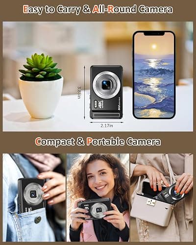 Digital Camera - 4K Point and Shoot Small Digital Cameras - 64MP UHD Autofocus Compact Camera for Photography with Flash - Portable Vlogging Camara Gifts for Kids with 32GB Card, 2.8" Screen, 16X Zoom thumbnail 2