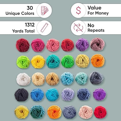 CRAFTISS 30 of 20g/0.7Oz Acrylic Yarn Mini Skeins - 1300 Yards of Soft Yarn for Crocheting and Knitting Craft Project, Assorted Starter Crochet Bulk Kit for Adults and Kids - Mothers Day Gift thumbnail 5
