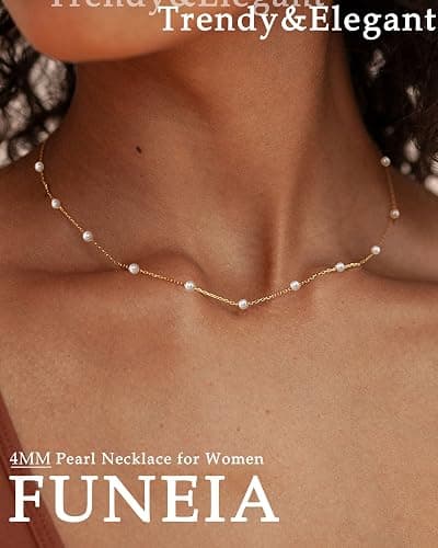 FUNEIA Dainty Pearl Necklace for Women 14K Gold Plated Faux Pearl Choker Necklaces Trendy White Silver Small Pearl Necklace Strand Wedding Prom Bridal Pearls Jewelry 14/16/18/20 Inches thumbnail 2