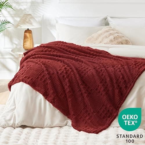 EXQ Home Fleece Throw Blanket for Couch or Bed - 3D Waffle Patchwork Pattern Jacquard Decorative Blankets - Cozy Soft Lightweight Fuzzy Flannel Blanket Suitable for All Seasons(50"×60",Red) thumbnail 3