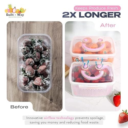 Built-Way Fruit Storage Containers for Fridge - Set of 4 - Airtight Lid Keeps Fresh - For Fruit & Vegetable Storage - Space-Saving Design - Ideal for Produce, Berries, Snacks - Pink thumbnail 3