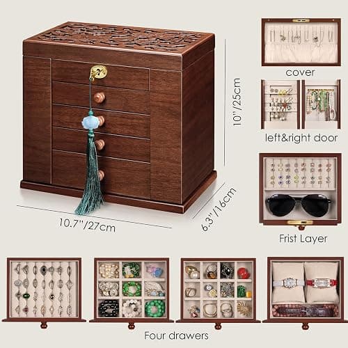 Artisticbox wooden Jewelry Box and Organizer - 8-Layer Lockable Wooden Jewelry Boxes for Women - Large Jewelry Boxes and Organizer with Key,Gift for Wife,dresser top jewelry box with lock thumbnail 3
