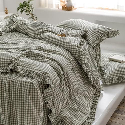 mixinni Green Ruffle Duvet Cover King Size 3 Pieces – 100% Washed Cotton, Vintage Plaid Ruffled Bedding Set with Zipper Ties, Soft Checkered Grid Farmhouse Chic Comforter Cover Set thumbnail 5