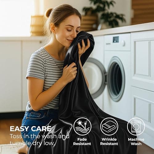 Pure Bedding Satin Sheets Queen [4-Piece, Black] Hotel Luxury Silky Bed Sheets - Extra Soft 1800 Microfiber Sheet Set, Wrinkle, Fade, Deep Pocket Fitted Sheet, Flat Sheet, Pillow Cases thumbnail 7