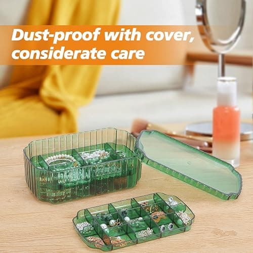 LETURE 3-Layer Jewelry Organizer Box for Earrings, Rings, Necklaces, Bracelets, Clear Plastic Bead Storage Containers for Crafts (Green) thumbnail 2