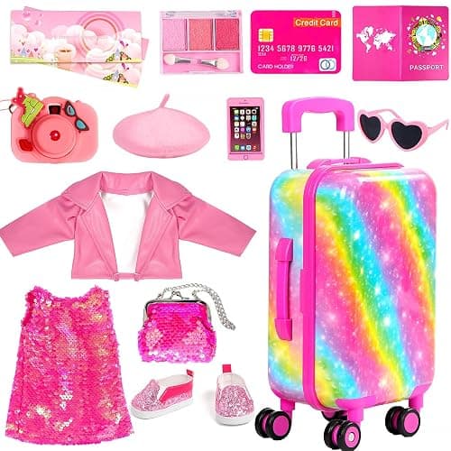 American 18 Inch Doll Clothes Accessories-18 inch Doll Suitcase-Glasses,Beret,Shoes,Handbag,Camera, Passport,Mobile Phone Travel Set Toys for 3-12 Girls thumbnail 3