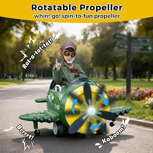 TOBBI Electric Car for Kids Ride On Airplane Toy w/Bombing Sound and Music | Battery Powered 12V Kids' Electric Vehicle Rideable Airplane with Remote Control for Toddlers Ages 3+ Years, Green thumbnail 8