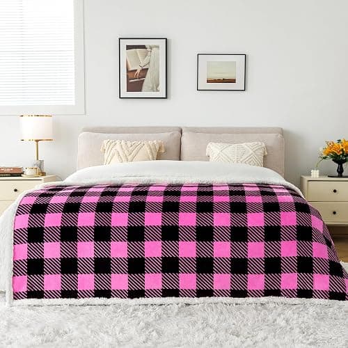 Touchat Sherpa Plaid Twin Blanket 60" X 70", Fuzzy Fluffy Soft Cozy Throw Blanket, Twin Size Plush Fleece Flannel Plush Microfiber Blanket for Couch Bed Sofa (Rosepink) thumbnail 4