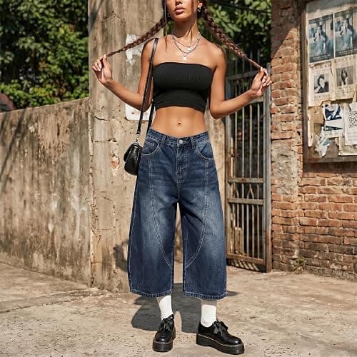 OTEEGX Jorts Women Baggy Jean Shorts Summer Long Denim Y2k Shorts for Women | Barrel Wide Leg Capri, High Rise, 4 Pockets, Plus Size Summer Bermuda Jorts, Boyfriend Vintage Streetwear thumbnail 5