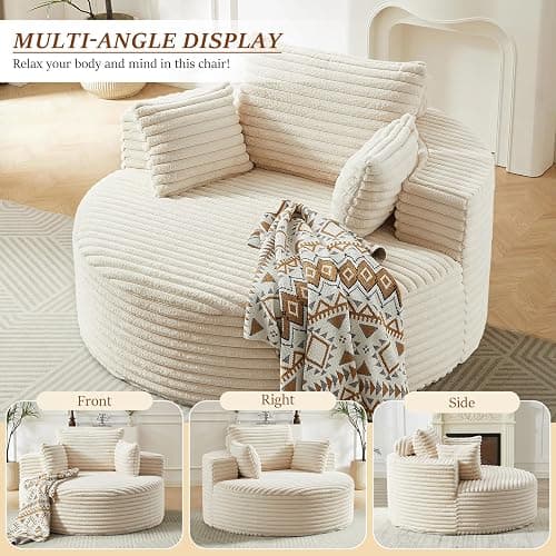 55"W Oversized Round Chair Lounge Chaise Indoor, Corduroy Upholstered Comfy Large Circle ArmChair, Modern Fluffy Deep Seat Cloud Sofa Chair Sleeper Sofa Bed for Living Room, Bedroom Apartment, Beige thumbnail 6