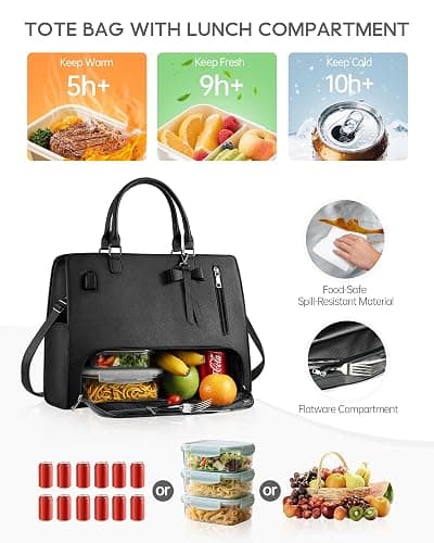 Lunch Tote Bag for Women 2 in 1 Laptop Work Bag with Lunch Insulated Compartment and Purse Combo Waterproof PU Leather 15.6 Inch Computer Crossbody and Shoulder Bag for Daily, Office, Picnic. Black thumbnail 3