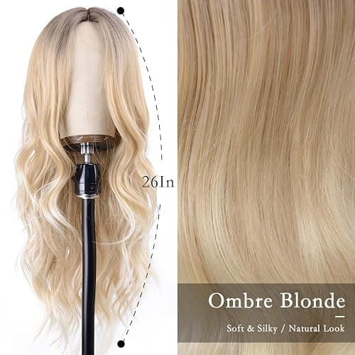 Long Ombre Blonde Wig for Women 26 Inch Long Wavy wig Middle Part Natural Looking Synthetic Heat Resistant Wigs with Dark Roots Balayage Culry Wig for Cosplay Halloween Daily Use thumbnail 3
