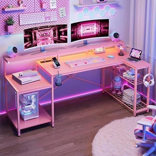 Bestier 71.5 inch Gaming Desk with Power Outlet, Large LED Computer Desk with Monitor Stand, L Shaped Desk with Storage Shelf, Cup Holder & Headset Hooks, Corner Gamer Desk for Bedroom Pink thumbnail 3