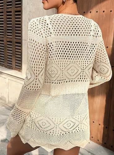 SHEWIN Crochet Cardigans for Women Long Sleeve Tie Front Bow Cardigan Sweaters Hollow Out Knit Summer Beach Vacation Coverups thumbnail 6