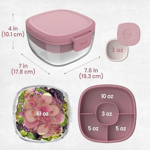 Bentgo Glass Salad Container - 7.6-Cup Salad Bowl with Airtight Lid, Leak-Proof Sauce Container, 4-Compartment Bento Tray & Reusable Fork - BPA-Free for Meal Prep, Office & More (Rose) thumbnail 2