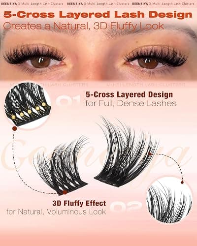 Geeneiya Fluffy Lash Clusters Kit 8-16MM, Wispy Eyelash Clusters Kit, Natural 3D Fluffy Effect Lash Extension Kit, C Curl Cluster Eyelash Extensions Kit with Waterproof Lash Bond and Seal, Tweezers thumbnail 3