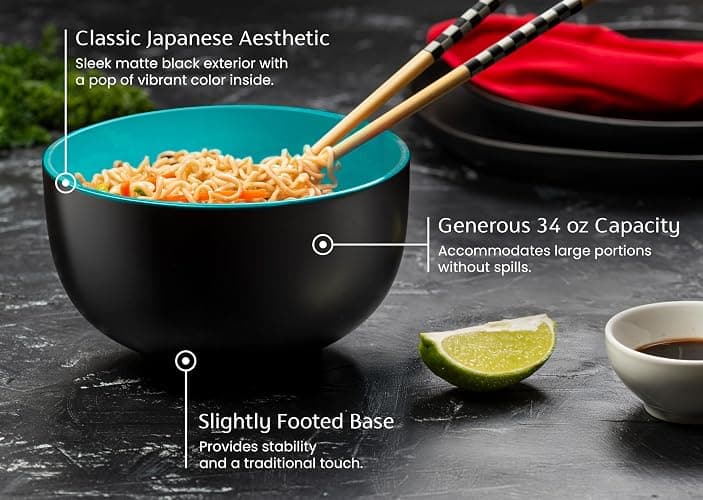 KooK Ramen Bowl, Japanese Bowls, Noodle Bowls, Large Soup Bowl, Ceramic, Large Capacity, For Ramen, Pho, Udon, Soba, Microwave and Dishwasher Safe, 34 oz, Set of 4 (Black/Teal) thumbnail 4