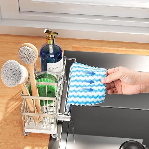 Cisily Stainless Steel Sponge Holder for Kitchen Sink with Towel Rack, Sink Caddy with Kitchen High Brush Holder, Organzier Rustproof 304 Stainless Steel Dish Organizer Divider, Soap Dispenser Storage thumbnail 3