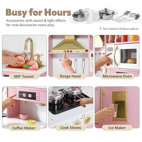 TODEFULL Kids Kitchen Playset, Wooden Play Kitchen with Toy Storage System, Pretend Play Kitchen Set Toy with Range Hood, Ice Maker & Coffee Maker, for Kids Ages 3+, Pink thumbnail 3