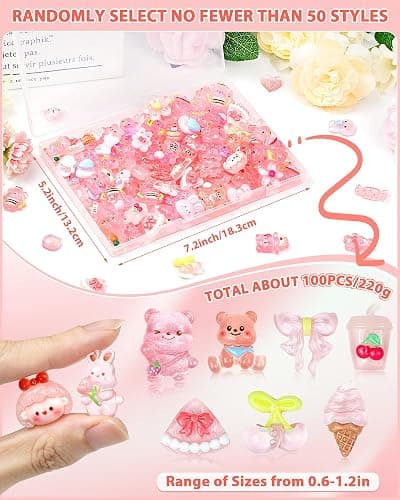 FIVEIZERO 100PCS Cute Slime Charms Bulk Set – Kawaii Flatback Resin Charms for Crafts, Mini Decoden Acrylic Embellishments for Phone Junk Cases, Scrapbooking & DIY Decoration (Pink) thumbnail 3