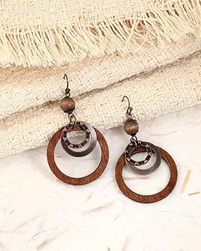 Wooden Earrings for women with Copper and Wood Circle dangle Lightweight Geometric Brown Earrings for Western Bohemian ethnic style thumbnail 5