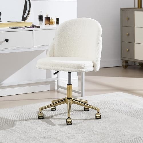 Faux Fur Desk Chair, Comfy Boucle Makeup Vanity Chair Modern Upholstered Fluffy Swivel Chair with Wheels Golden Metal Base, Height Ajdustable for Girls, Home Office Living Dressing Room Bedroom, White thumbnail 9