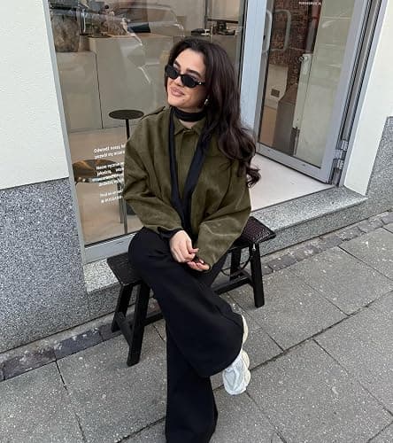 Bnigung Womens Faux Suede Bomber Jacket Casual Lapel Pilot Cropped Coat Oversized Motorcycle Jackets 2025 Outerwear thumbnail 3