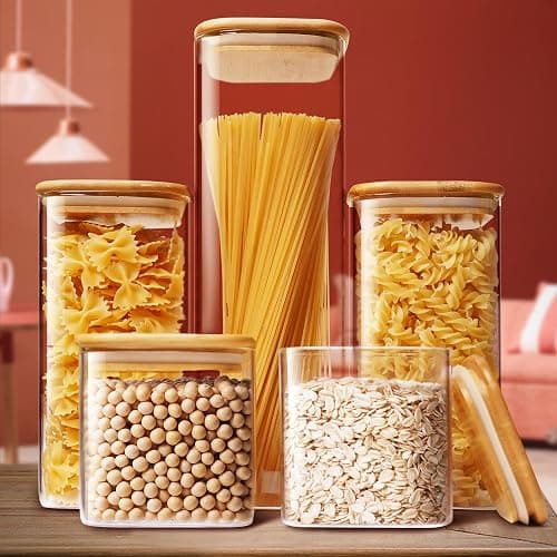HomArtist Square Glass Jars with Bamboo Lids [Muti Size Set of 5], Glass Canisters with Airtight Lids, Glass Food Storage Containers for Pasta, Cereal, Flour, Sugar, Best for Kitchen & Pantry thumbnail 7