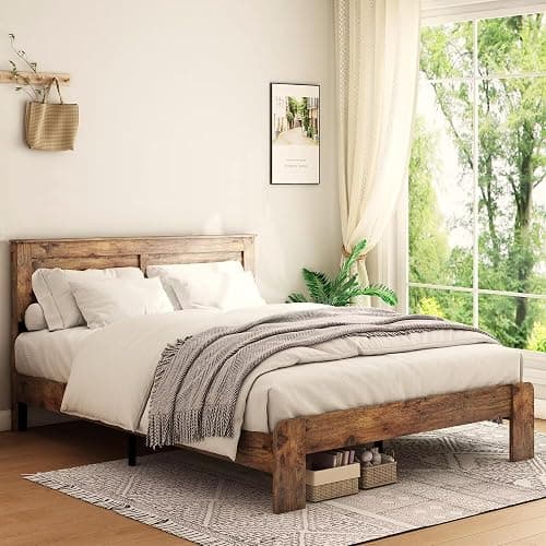 NNOOTK King Size Bed Frame, Rustic Vintage Platform Bed Frame with Wood Headboard and Footboard, 12 Wood Slats Support, No Box Spring Needed (Dark Brown, King) thumbnail 3