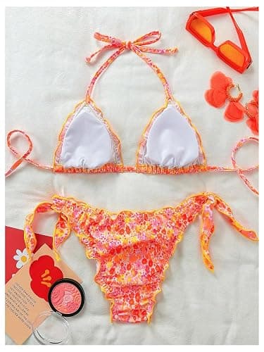 BEAUDRM Women's 2 Piece String Bikini Sets Floral Print Ruffled Halter Tie Backless Thong Swimsuits Bathing Suit thumbnail 2