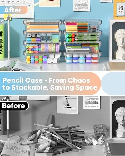 BiuLeon 8 Pack Large Pencil Box Set, Plastic Clear Pencil Case Marker Organizer, Crayon Box Craft Organizers, Stackable Storage Containers with Lid for Pen, Art and Craft Supplies(Grey) thumbnail 5