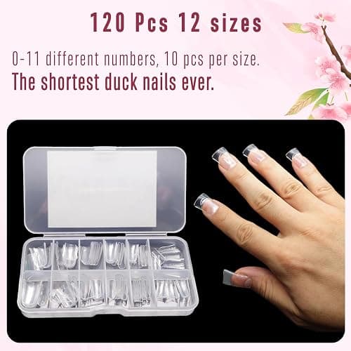 NOVO OVO Duck Feet Nail Tips for Small and Medium Hand, Extra Short Full Cover Press On Acrylic, Clear Full Coverage Thick Flare French Soft Gel Fake False Nail Extension x 12 Sizes 120 pcs thumbnail 6