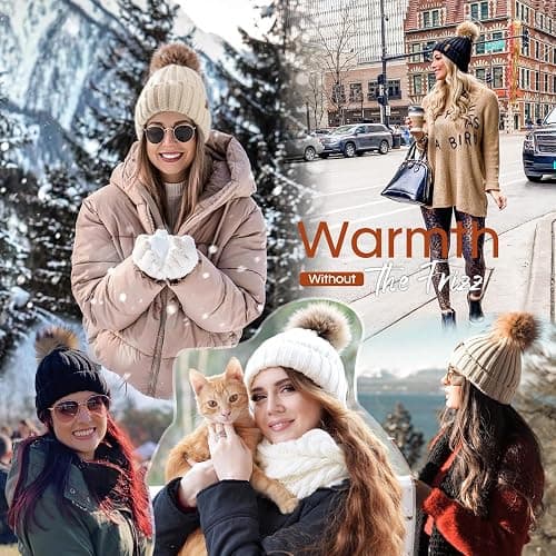 FURTALK Womens Winter Beanie Hat Satin Lined Faux Fur Pom Pom Beanies Hat for Women Winter Warm Knit Hats thumbnail 5