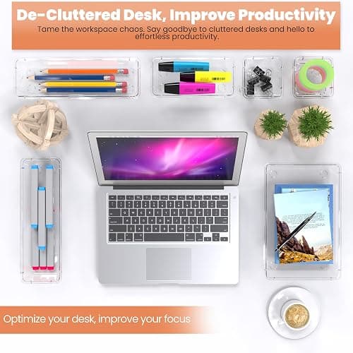 KICHLY 25 Pack Clear Plastic Desk Supplies Organizer, 4 Sizes Desk Drawer Organizer for Office Supplies, Vanity Organizers, Makeup, Gadgets, & Jewelry Storage Bins thumbnail 5