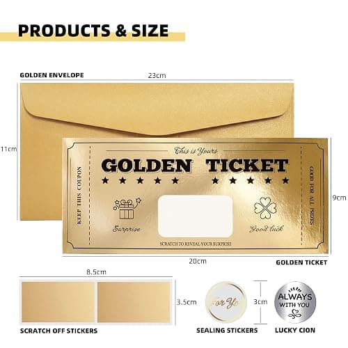 Golden Ticket with Lucky Coin, Scratch Card with Envelope, Surprise Gift Reveal Scratch Off Ticket Card as Birthday Card Wedding Card Concert Ticket Cinema Voucher Raffle Gift Card for Kids Women Men - 1 Golden Ticket with Lucky Coin thumbnail 4