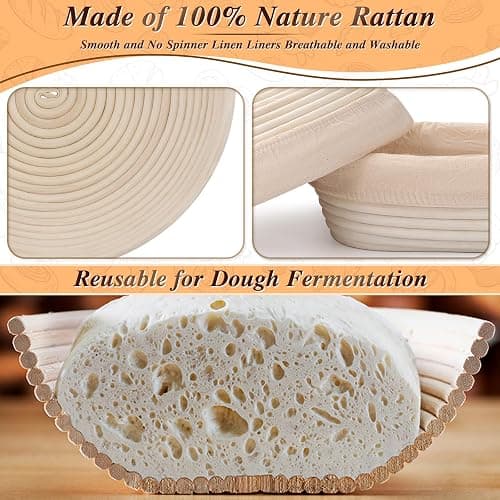 Banneton Basket Set of 2, 10" Oval & 9.7" Round Banneton Bread Proofing Basket with Liners, Bread Lame, Silicone Baking Mat, Danish Whisk, Brush, Proofing Bowls Sourdough Starter Kit Tools thumbnail 6