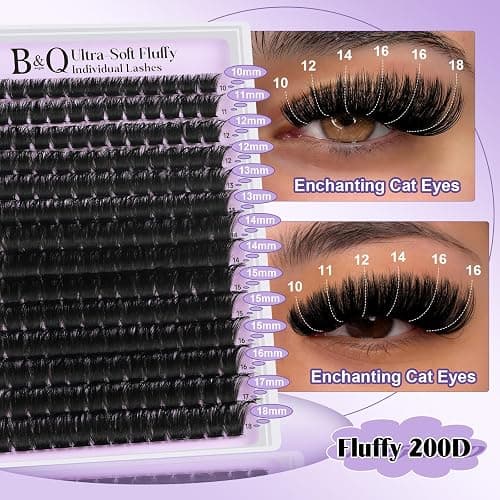 B&Q Fluffy Lash Clusters 200D,Dramatic Full Eyelash Clusters Volume 10-18mm | Thick Cluster Eyelash Extensions, Supersoft 05mm Wide Band Individual Lashes,Wispy Full Cluster Lashes，D Curl Lashes Clusters thumbnail 4