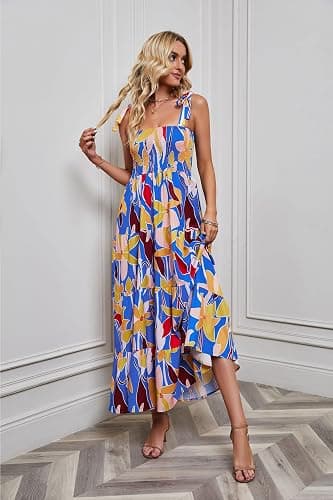 kinstell Women's Summer Boho Spaghetti Strap Square Neck Ruffle Casual Flowy Long Dress Beach Swing Party Maxi Dress thumbnail 4