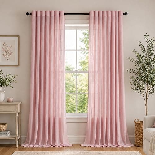 MEETSKY Pink Curtains for Girls Bedroom 96 Inches Long Light Filtering Semi Sheer Curtains for Living Room Grommet Nursery Window Drapes Privacy Soft Boho Farmhouse Style, 52" x 96", 2 Panels - Image 1