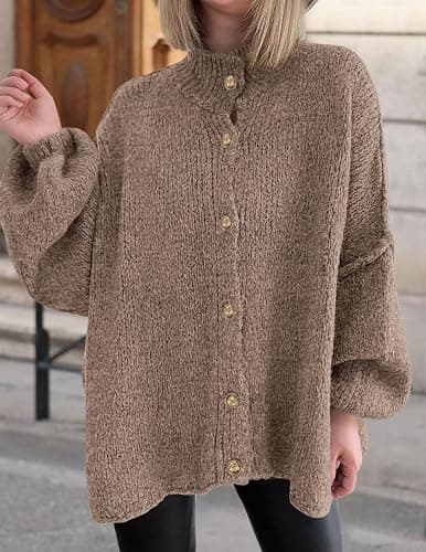 PRETTYGARDEN Women's Winter Button Down Cardigan Sweaters Mock Neck Lantern Long Sleeve Chunky Knit Jacket Trendy Outerwear thumbnail 8